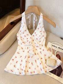 Resyla 女士休闲碎花荷叶边露背无袖上衣，夏季 - 白色 - 查看 1