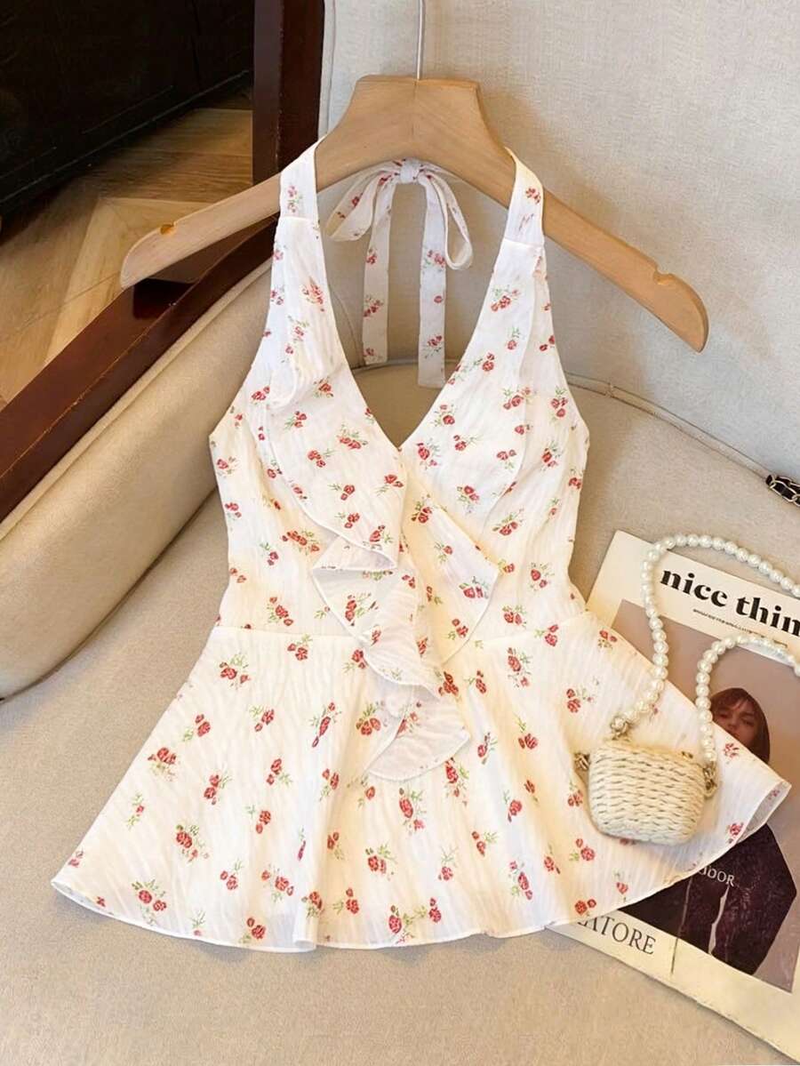 Resyla 女士休闲碎花荷叶边露背无袖上衣，夏季 - 白色 - 查看 1