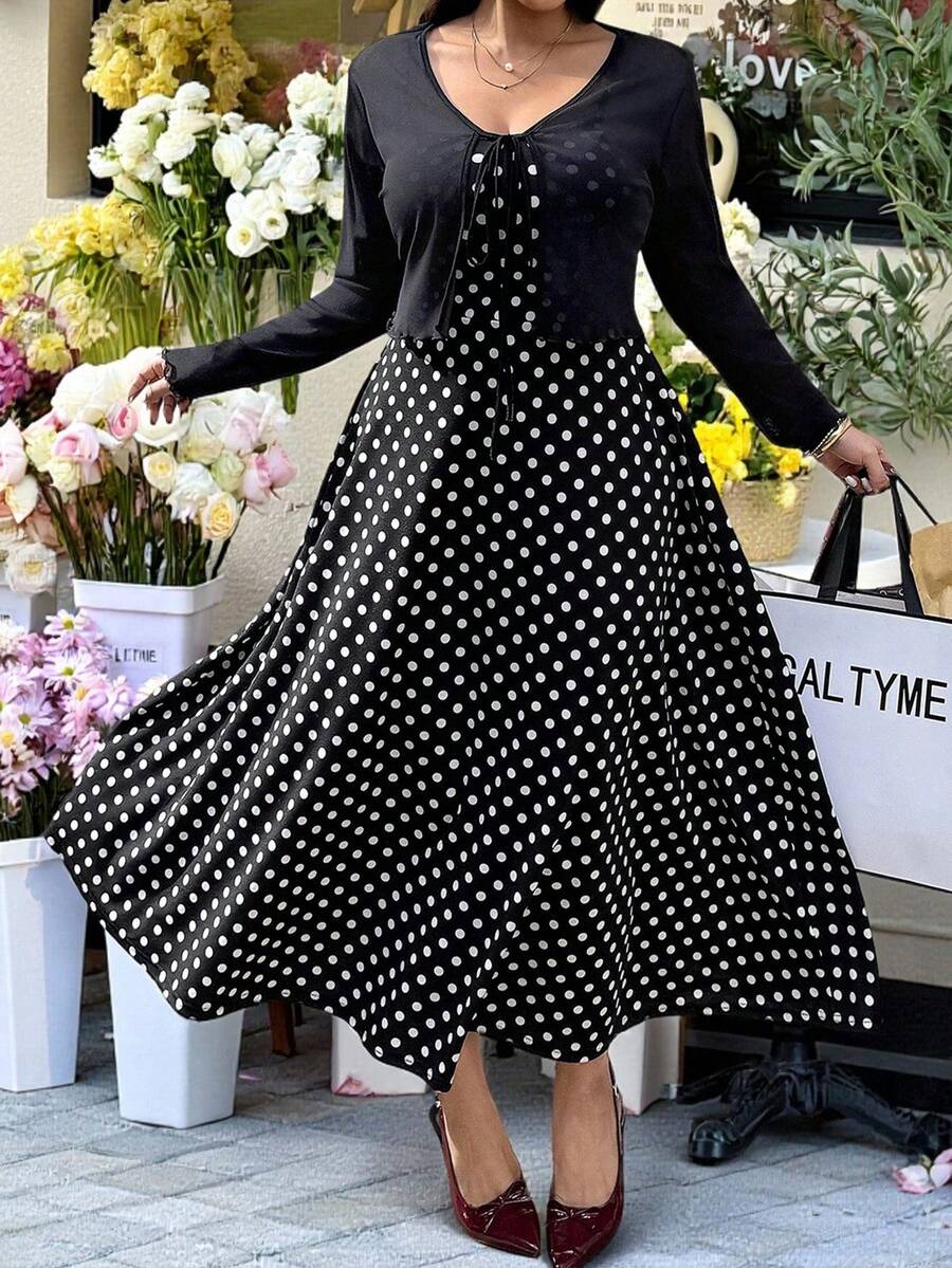 GalTyme Plus Size Elegant Black And White Polka Dot Print Dress 2-Piece Set With Solid Color Top,Autumn Date Night Commute Party Wedding Chic Y2k Outfit - Black - View 1