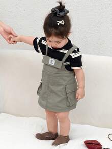 DAZY 2pcs/Set Toddler Girls' Casual Striped Short Sleeve T-Shirt And Suspender Skirt Set - Army Green - View 5