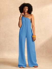 Zivah 夏季新款休闲百搭休闲邮轮旅行海滩日光浴无袖宽松绿色女式连体裤 - 霧霾藍 - 查看 2