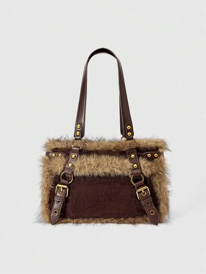 Grunge Punk Borsa da donna con chiusura a scatto, design patchwork in pelliccia