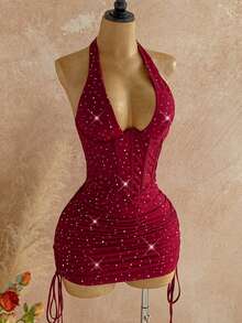 Soleia 女士亮片深V领系带露背褶皱腰身修身迷你派对连衣裙 - 紅色 - 查看 1