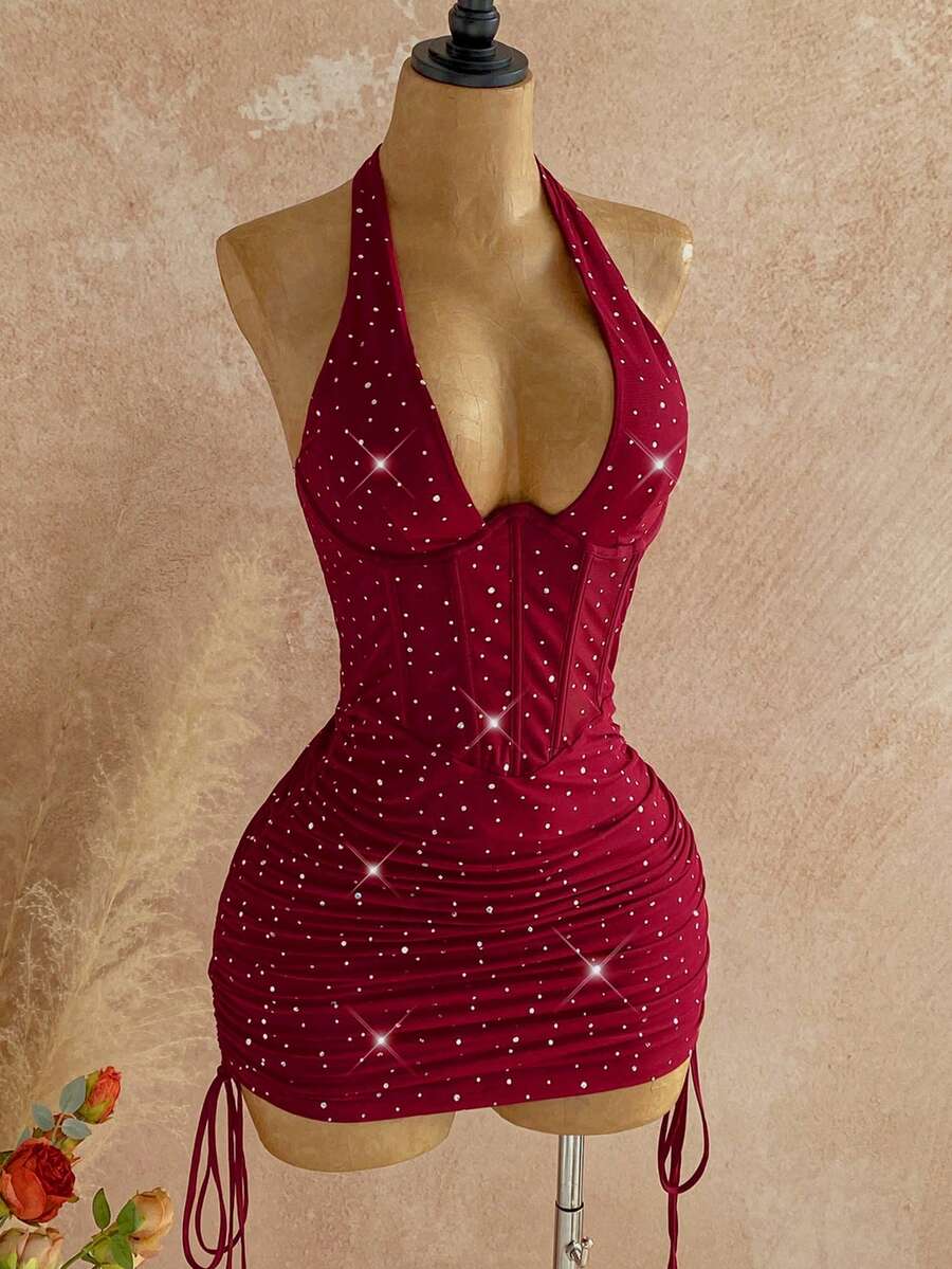 Soleia 女士亮片深V领系带露背褶皱腰身修身迷你派对连衣裙 - 紅色 - 查看 1