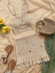 Soleia Women's Casual, Vacation, Western, Beach Wedding Guest, Graduation, Brunch, St. Patrick's Day, Spring Break, Easter, Music Festival Elegant Bohemian Tropical Fringe Sequin Knit Two Pieces Sweater Set, Spring/Summer - Apricot - View 3