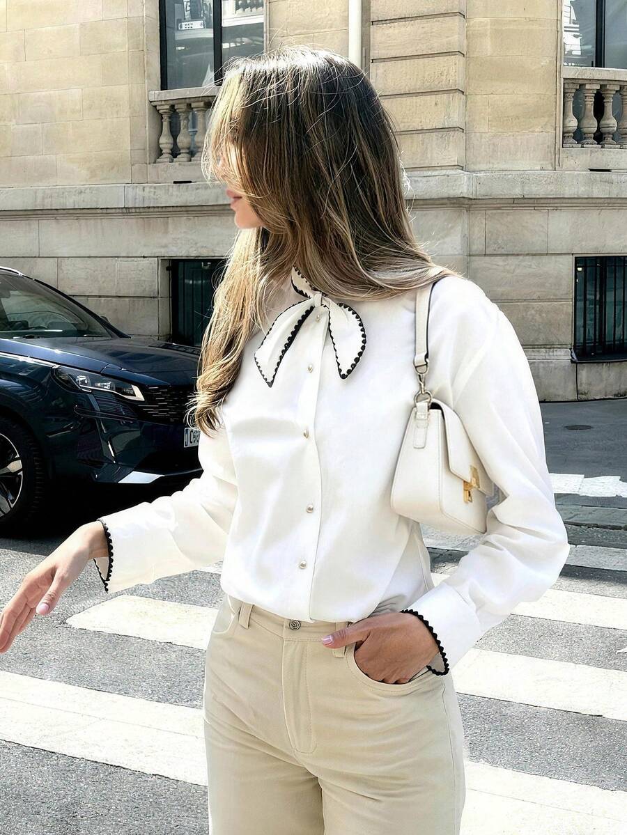 EMERY ROSE Áo cánh dài tay cổ thắt hoa thanh lịch cho nữ - trắng - Xem 1