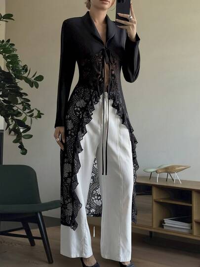 Livesso Black Lace Patchwork Mid-Length Shirt, Hollow Out Blouse, Elegant For Valentine's Day, Wedding, Party, Formal Occasion, Fashion, Commute, Tie-Up Women Blazer Jacket