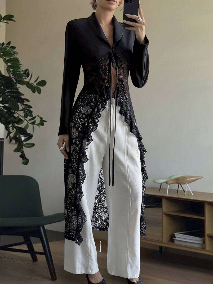 Livesso Black Lace Patchwork Mid-Length Shirt, Hollow Out Blouse, Elegant For Valentine's Day, Wedding, Party, Formal Occasion, Fashion, Commute, Tie-Up Women Blazer Jacket - Black - View 1