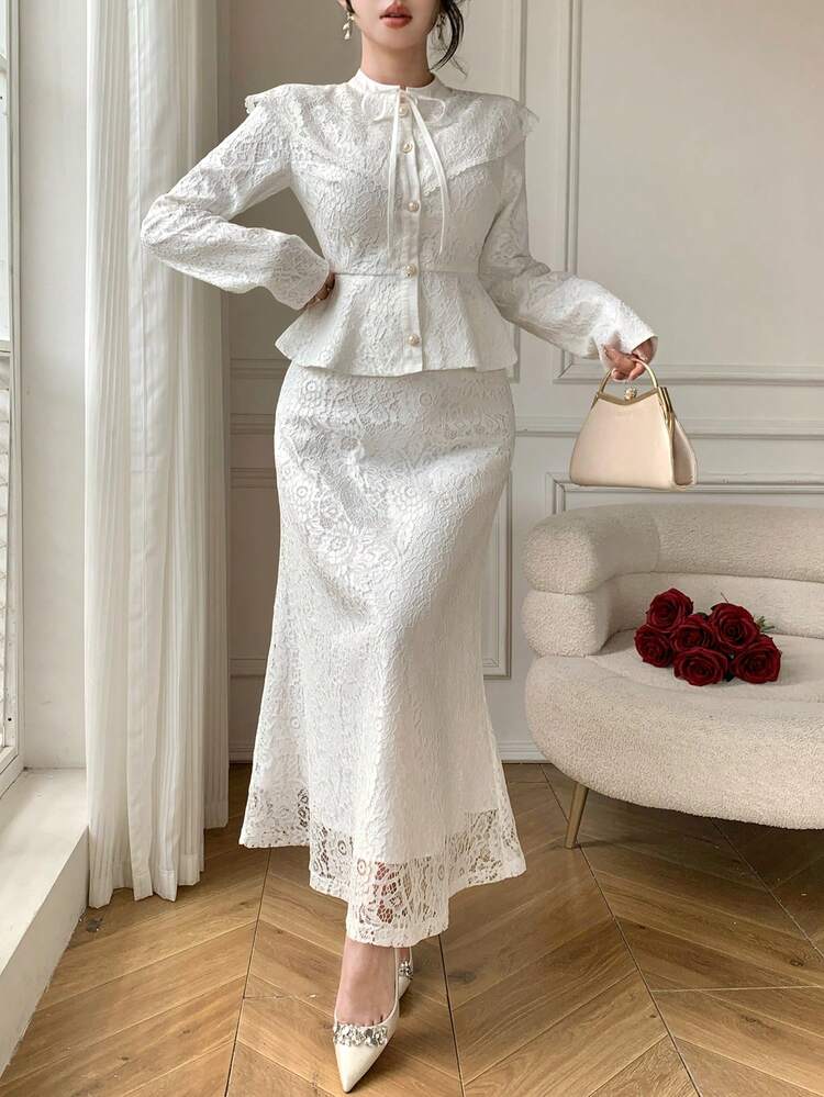 Elegant White Lace Ribbon Tie Waist Shawl Collar Blouse & Skirt 2 Pieces Set, Suitable For Valentine's Day, Wedding Spring