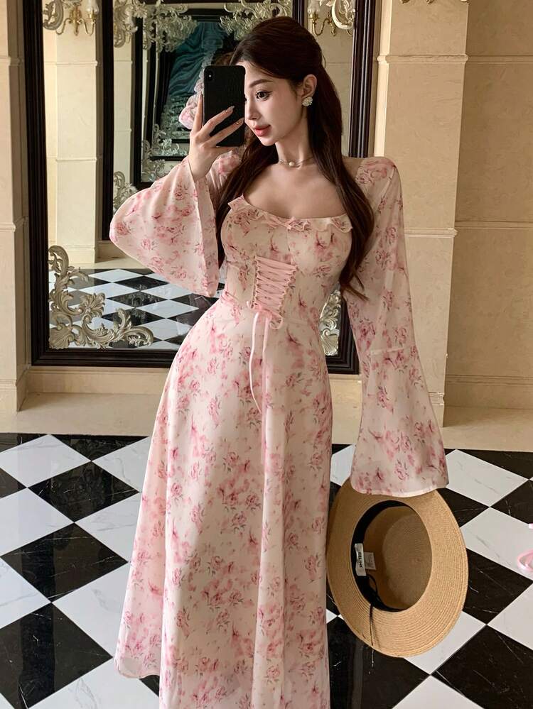 Women's Floral Print Elegant Long Sleeve Maxi Dress Sundress Off The Shoulder Boho