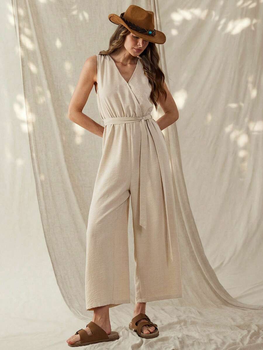 Wildy Casual American Western Country Retro Basic Outfit Sleeveless Jumpsuit With Tie-Up Detail, Suitable For Spring/Summer Everyday Wear, Commuting And Fashion