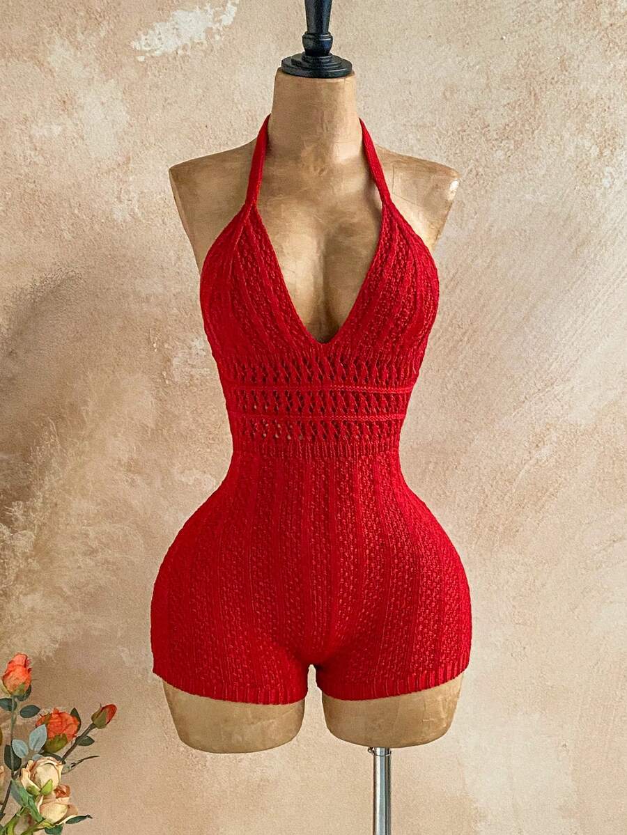 Soleia Romper Wanita Merah Chic untuk Liburan Musim Panas, Rajutan Gradien, Leher V Dalam, Tanpa Punggung, Pakaian Terusan Rajutan Pas Badan yang Modis untuk Pesta & Pantai - Burgundy - View 1