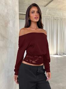 Aloruh Women's Contrast Lace Oblique Shoulder Long Sleeve Fashionable Elegant T-Shirt Lace Long Sleeve Top - Burgundy - View 4