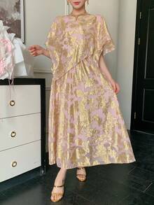 DAZY 女士优雅箔印不对称下摆上衣和半裙两件套，夏季 - 金色 - 查看 3