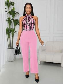 Lyxana 女士优雅印花露背连体裤 - 粉色 - 查看 4