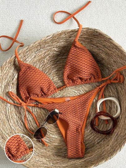 Swim SXY 2026 Summer Women's Beach Bikini Set, Plus Size Fashion Halter Neck Tie String Triangle Bikini Set, Mesh Fabric With Rhinestone Decor, Sexy Beach Holiday Casual Party 2-Piece