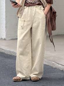 Dazy Kids Vaqueros holgados, casuales y versátiles de pierna ancha con bolsillos para niñas preadolescentes - Caqui - Ver 3