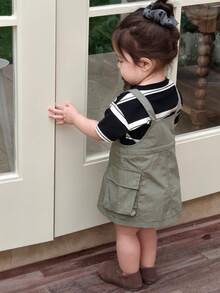 DAZY 2pcs/Set Toddler Girls' Casual Striped Short Sleeve T-Shirt And Suspender Skirt Set - Army Green - View 9