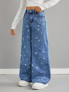 SHEIN Quần jeans ống rộng dáng suông phong cách Y2K cho bé gái, màu sáng, đính đá lấp lánh, có túi, kiểu dáng thường ngày, quần jeans ống rộng ôm sát, quần jeans thường ngày mùa thu đông, quần jeans rộng thùng thình cho bé gái, quần jeans sân bay, quần ống rộng, thời trang đường phố, quần jeans ngộ nghĩnh, quần jeans đi học, quần jeans dự tiệc sang trọng, quần jeans Giáng sinh. - Rửa trung bình - Xem 5