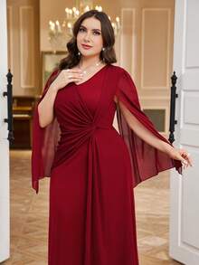 Reflora 大码女式纯色斗篷袖褶皱设计优雅连衣裙 - 紅色 - 查看 5