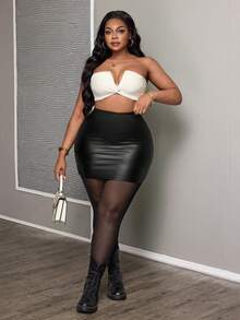 SHEIN PETITE CURVE Váy ngắn ôm sát cơ thể bằng da PU thời trang đa năng dành cho nữ cỡ lớn, thích hợp cho buổi hẹn hò hoặc buổi tối. - màu đen - Xem 4