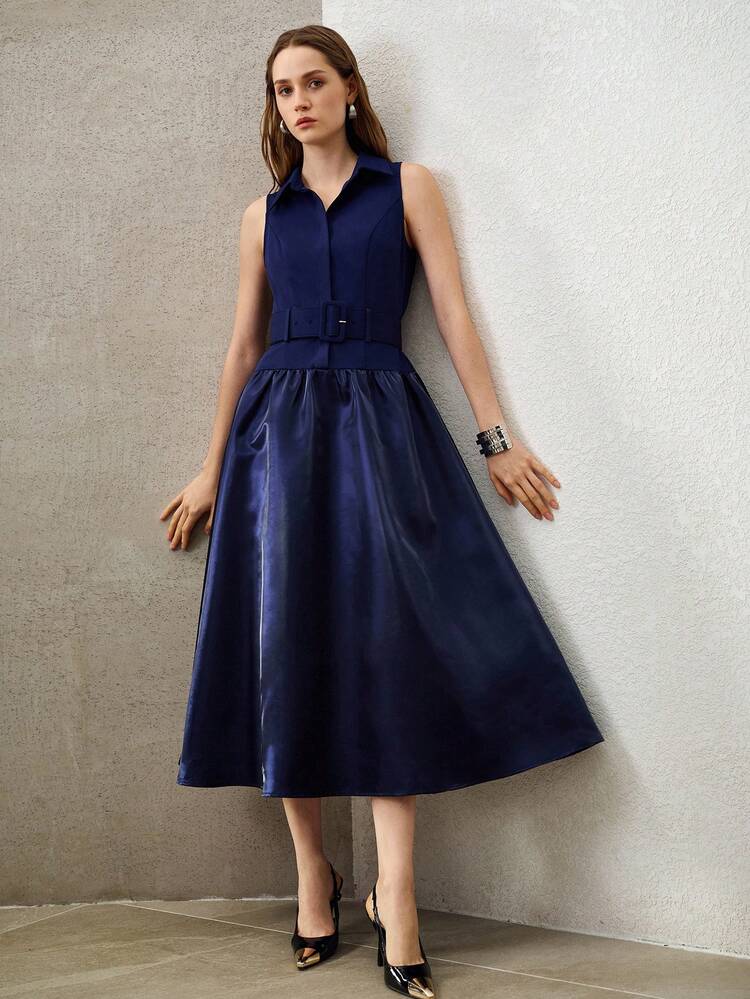 女性用高級サテンタフタ通勤用ターンダウンカラーノースリーブタイアップギャザードレス ミッドレングス ブルー