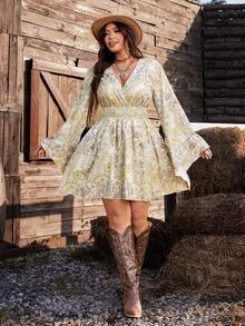 Ceyna 大码女式印花宽松喇叭袖长裙 - 彩色 - 查看 3