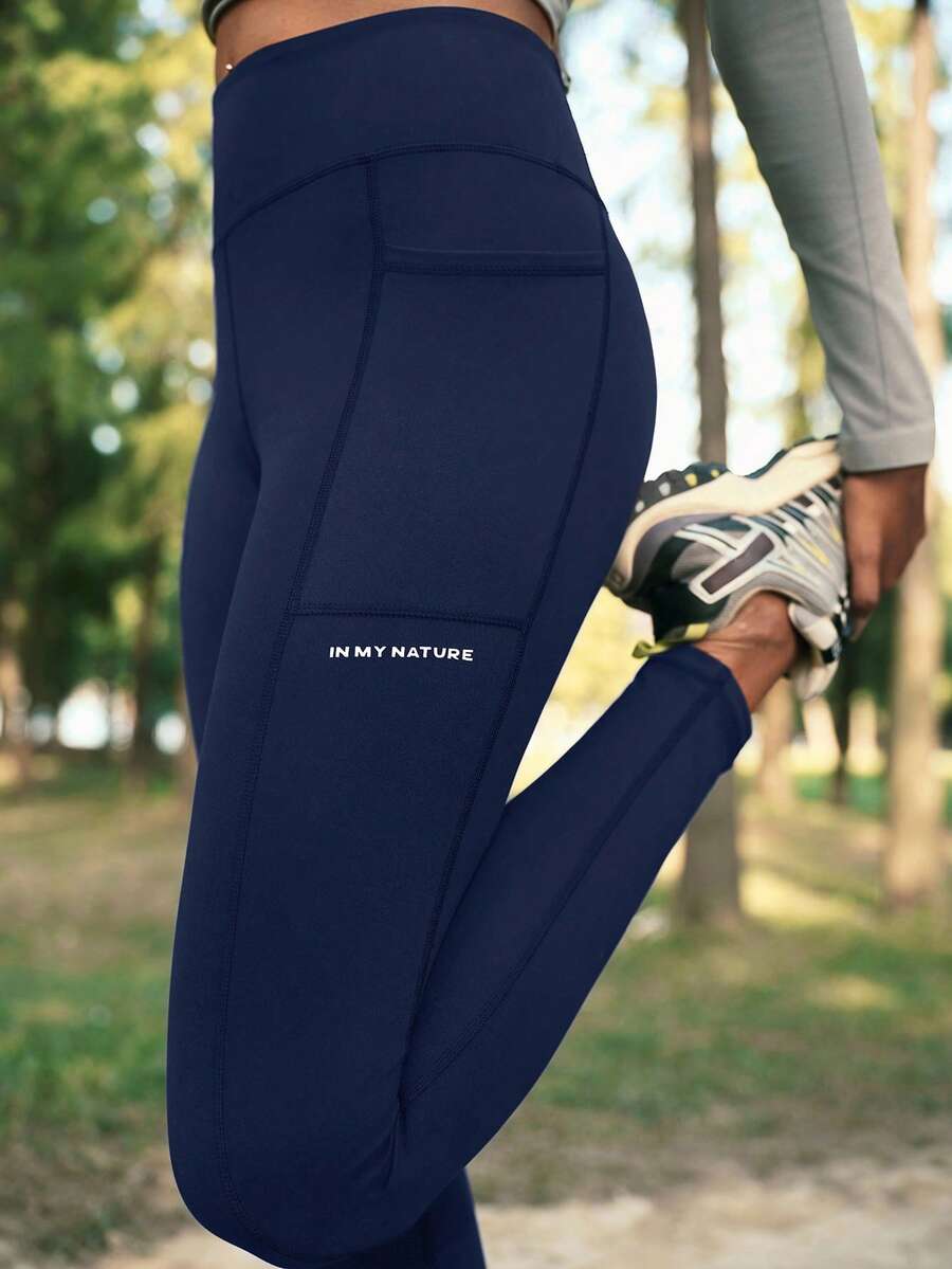 In My Nature Women's Fashion Letter Pattern Phone Pocket Outdoor Leggings - Navy Blue - View 1