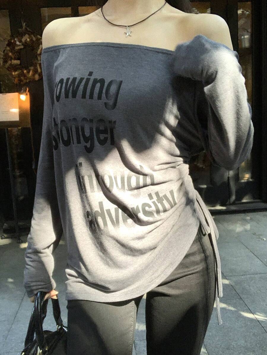 DAZY 女士露肩韩版英文字母印花长袖T恤，春夏款 - 灰色 - 查看 1