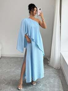 Rafferiza Women's Elegant Fashion New Asymmetric Long Dress, Summer One Sleeve Dress Summer Dress Curve Dress Light Blue Dress One Shoulder Dress - Baby Blue - View 7