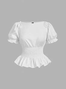 SHEIN MOD Plusstorlek Vit Peplumtopp med Åtsittande Midja, Puffärm, Rynkad Peplumtopp, Rosettdekoration, Söt Romantisk, Resortskjorta, Vår- och Sommarsemester, Systers Tea Party - Vitt - Visa 5