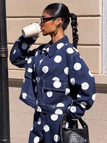 Muchica Women's Polka Dot Print Zip-Up Long Sleeve Denim Jacket And Coat For Going Out Outfits, Streetwear, Spring Outfits