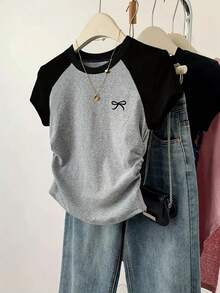 Bộ 3 áo thun tay raglan ôm sát eo, xếp ly và thắt nơ cho bé gái tuổi teen, đa năng cho đi học và mặc thường ngày. - Xám - Xem 5