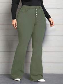 EMERY ROSE Plus Size Women Elastic Waist Jeans, Multiple Button Design Skinny Flare Pants - Army Green - View 3