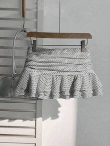 Elamini Chân váy ngắn xếp ly nhiều lớp thời trang mới, thiết kế ngọt ngào, chân váy chữ A chấm bi bồng bềnh kiểu dáng nghỉ mát sành điệu - Màu Xám nhạt - Xem 2