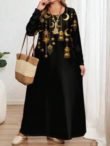 EMERY ROSE Plus Size Printed Long Sleeve Round Neck Dress, Suitable For Party Carnival,Vacation/Summer/Spring - Multicolor - View 5