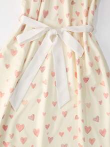 GlowEve Selianne 女士春夏奢华杏色连衣裙，粉色调，小爱心印花，泡泡袖，金色链条腰带束腰，优雅浪漫度假风，适合约会、婚礼、宾客、度假、聚会、日常通勤等场合。 - 杏色 - 查看 4