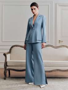 Anewsta Elegant Women's Suit With Waist Cinching, Architectural Pleated Trim Blazer And Flared Leg Pants With Side Slit, 2 Pieces Set - Blue - View 4