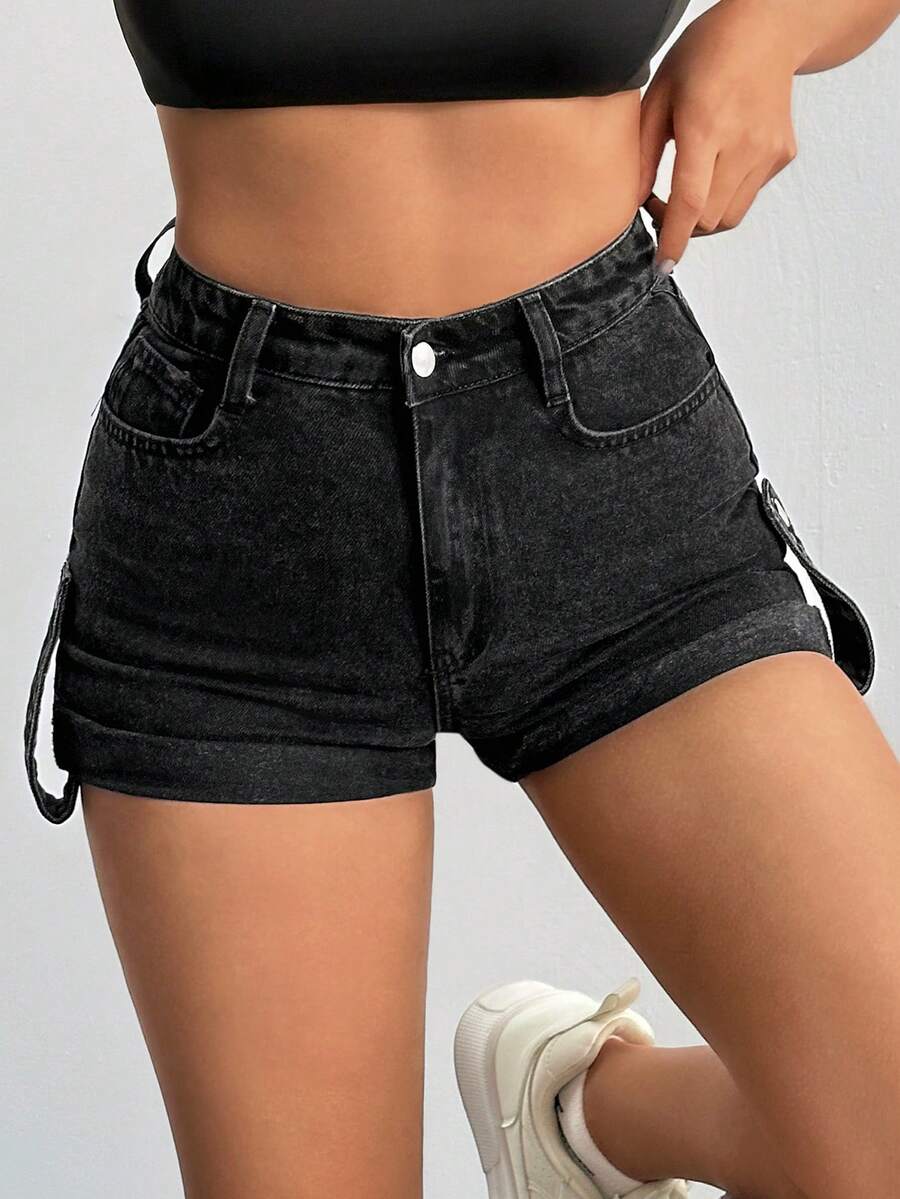 EURMUSE High Waist Button Detailed Denim Short - Black - View 1