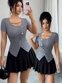 Elenzga 不对称褶皱方领修身开衩下摆短袖T恤 - 灰色 - 查看 1