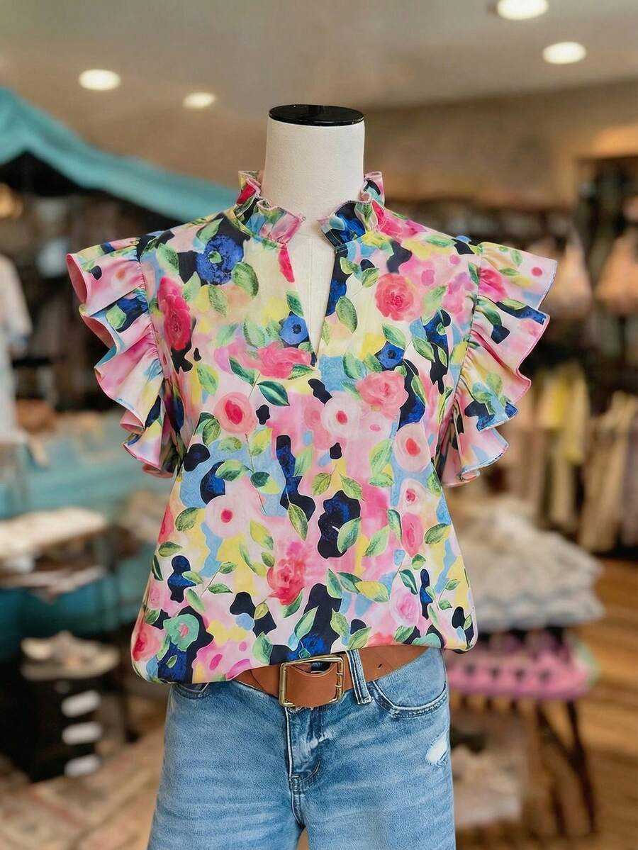 SHEIN Franclia 花卉印花装饰，浪漫假日度假风格女士V领荷叶袖衬衫 - 彩色 - 查看 1