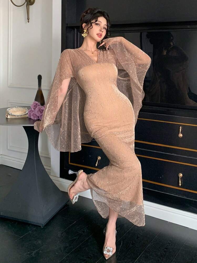 Spring/Summer Elegant Slim Fit Commuter Midi Dress With Sheer Mesh Ruffle Trim & Bell Sleeves, Suitable For Wedding, Valentine's Day Sundress