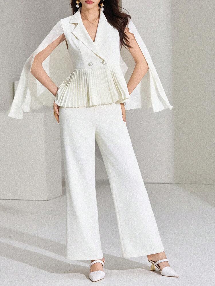 Women's Solid Color Double-Breasted Pleated Blazer And Trousers Elegant Suit Set