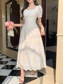 DAZY Women's Embroidered Puff Sleeve Midi Dress, Elegant Waist Cinched, Suitable For Dates And Parties Wedding Guest Dress - White - View 6