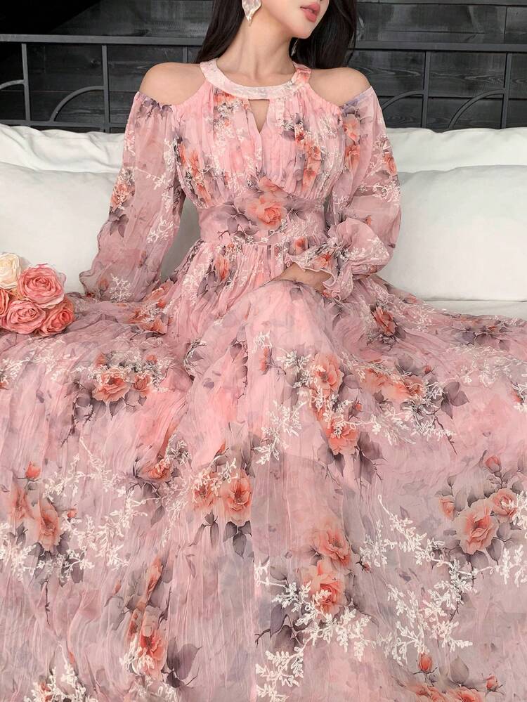 Spring & Summer Ditsy Floral Chiffon Dress, Elegant Waist Design, Casual/Beach/Wedding, Lightweight & Sheer Mesh Panel, Long Dress For Women Wedding Guest Dress Sundress Boho