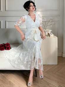 DAZY Women's Elegant Lace V-Neck Belted Mid-Length Dress, Summer - Beige - View 5