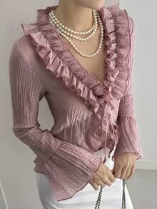 Livesso Áo kiểu hồng phối ren hoa tay phồng phối màu xuân/hè, áo sơ mi chiffon thanh lịch, thoải mái, đi biển, có dây rút ở eo, áo khoác cardigan lưới mỏng nhẹ cho nữ - Hồng - Xem 2