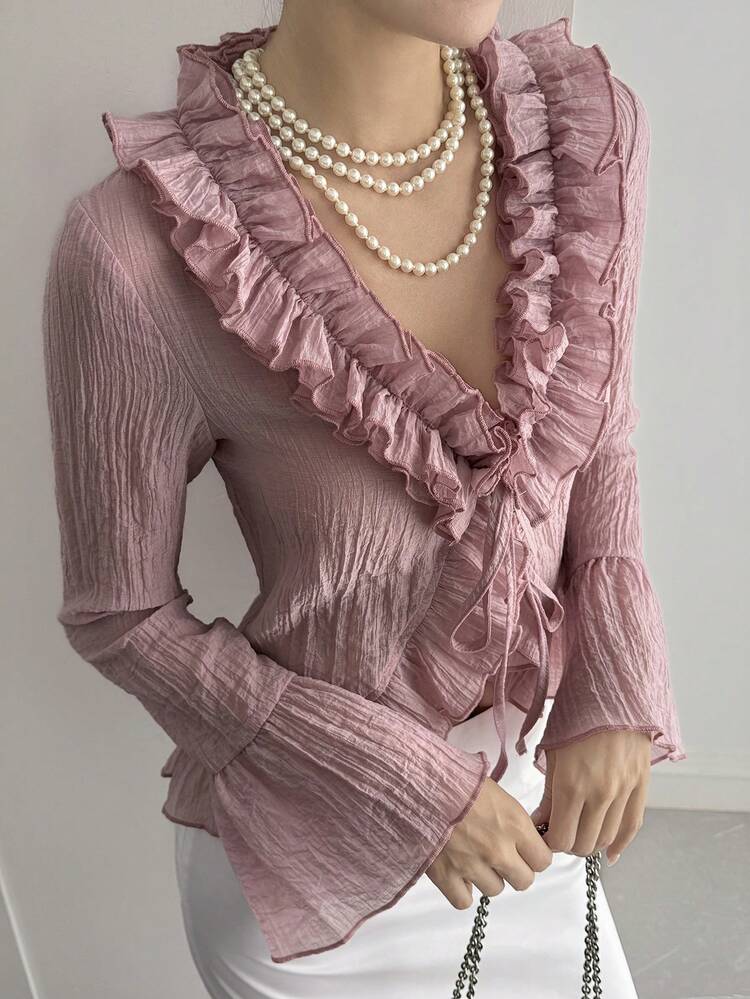 Spring/Summer Floral Ruffle Puff Sleeve Splice Pink Blouse, Elegant Casual Vacation Beach Chiffon Shirt With Drawstring Waist, Lightweight Sheer Netted Cardigan For Women