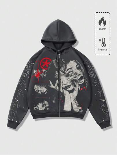 Anime Felpa con cappuccio, chiusura lampo e maniche lunghe, con stampa di ritratto di strada, per uomo