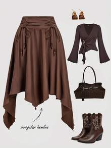SHEIN MOD Plus Size Asymmetric Beaded Brown Long Skirt, Vintage Style, Stylish Design, Spring/Summer.Spring And Summer Vacation Outfits.Old-School Style, Business Office.Spring And Summer In Bohemia - Brown - View 1